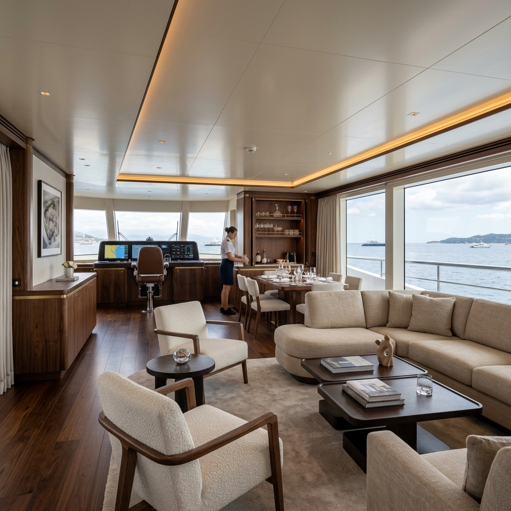 Stewardess preparing table in luxury yacht interior